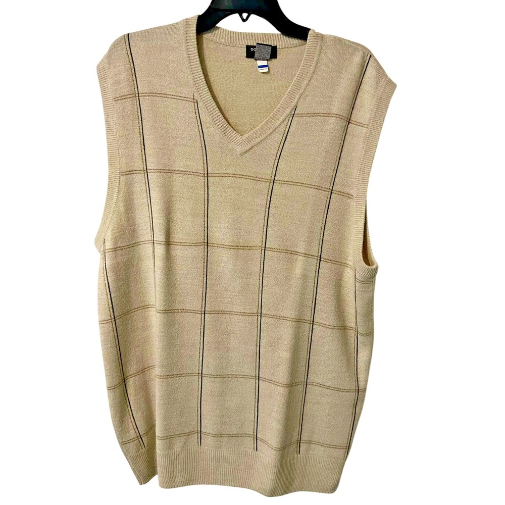 DOCKERS Men's Pullover Sweater Vest V Neck‎ Beige Square XL Grandpa Preppy